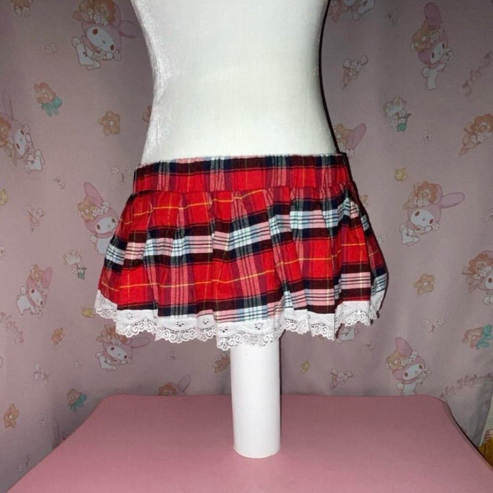 Adome Red and Black Plaid Mini Skirt with White Lace Trim